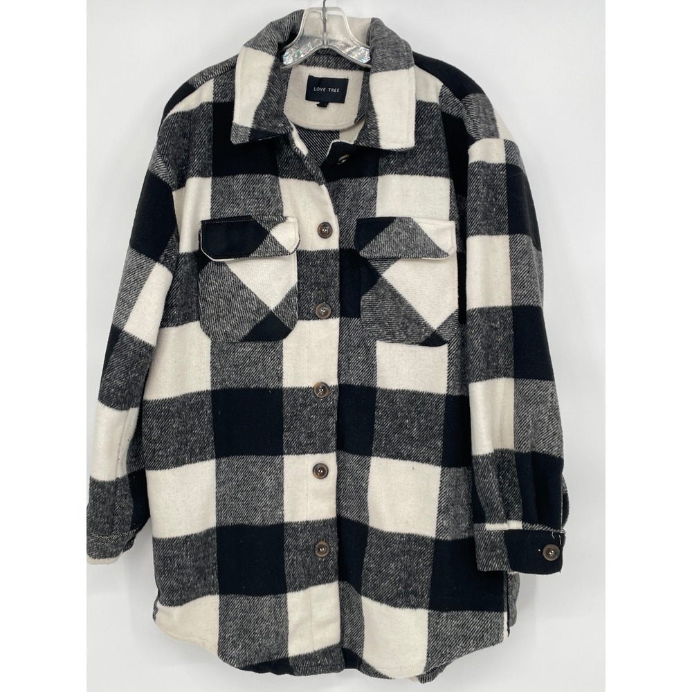 LOVE TREE Buffalo Plaid Shirt Jacket Oversized Black White Women's Small